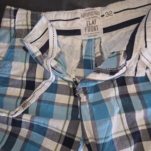 Aeropostale Blue Green Plaid Men’s Flat Front Shorts